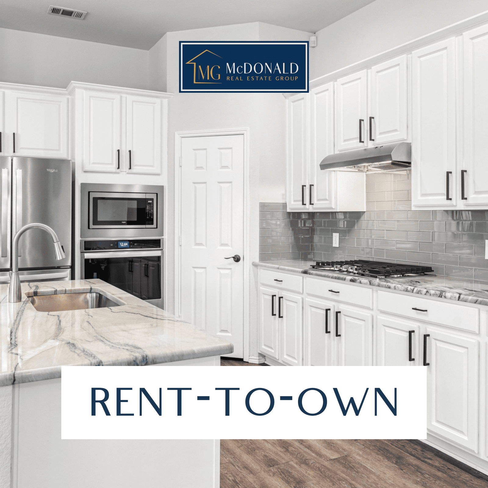 picture of white kitchen with rent to own text